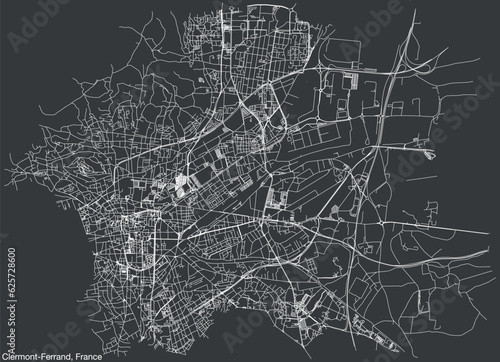 Detailed hand-drawn navigational urban street roads map of the French city of CLERMONT-FERRAND, FRANCE with solid road lines and name tag on vintage background