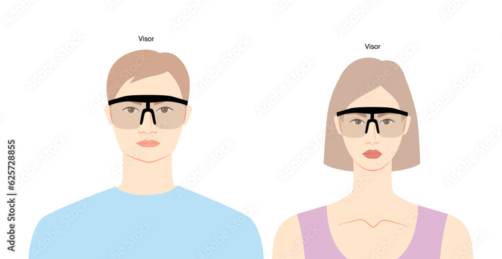 Visor frame glasses on women and men flat character fashion accessory illustration. Sunglass front view unisex silhouette style, rim spectacles eyeglasses, lens sketch style outline isolated on white Visor frame glasses on women and men flat character fashion accessory illustration. Sunglass front view unisex silhouette style, rim spectacles eyeglasses, lens sketch style outline isolated on white