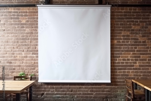 Background of restaurant establishment has a blank white poster against a brick wall. white mockup for advertising on the wall.