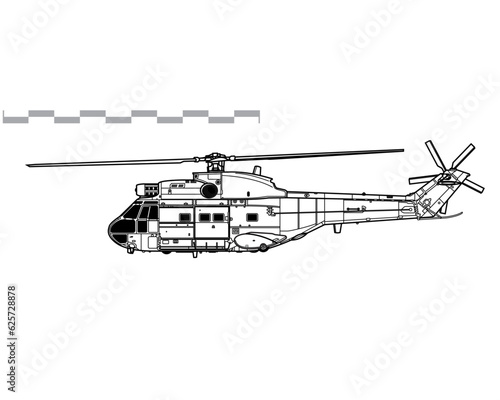 Aerospatiale SA 330 Puma. Vector drawing of medium utility helicopter. Side view. Image for illustration and infographics.