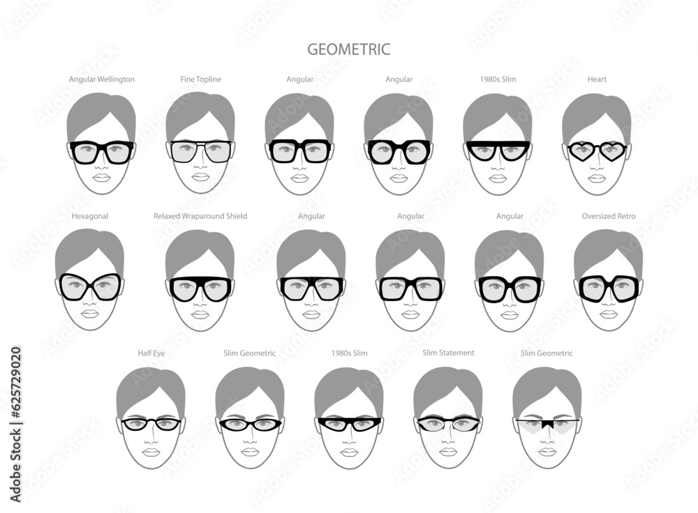 Set of Geometric frame glasses on women face character fashion accessory illustration. Sunglass front view unisex silhouette style, flat rim spectacles eyeglasses, lens sketch style outline isolated Set of Geometric frame glasses on women face character fashion accessory illustration. Sunglass front view unisex silhouette style, flat rim spectacles eyeglasses, lens sketch style outline isolated