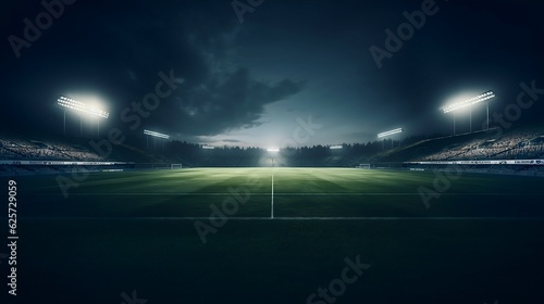 Overview of a soccer field at night.