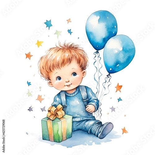 watercolor image of a little boy with a gift and blue balloons in a childish cartoon style on a white background. generated ai