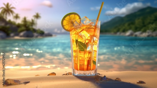 Glass of refreshing summer cocktail on the beach with blurred sea shore background. Tropical lemon and lime cocktail with ice cubes and whiskey on sunny background. Made With Generative AI.