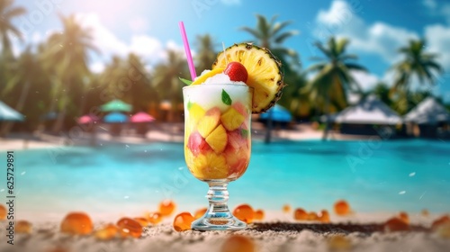 Pineapple tropical cocktails on a beach, alcoholic cocktails white sand and ocean background. Summer sea vacation and travel concept. Made With Generative AI.