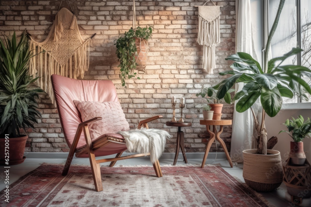 With a rustic armchair in the living room. The room's wall is covered in macrame and a retro chair. Light Scandinavian interior design details.