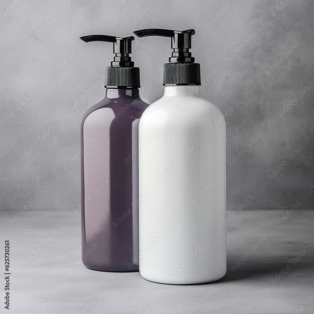 Two plastic dispenser bottle mockup, cosmetic and care product pump bottle front view Two plastic dispenser bottle mockup, cosmetic and care product pump bottle front view