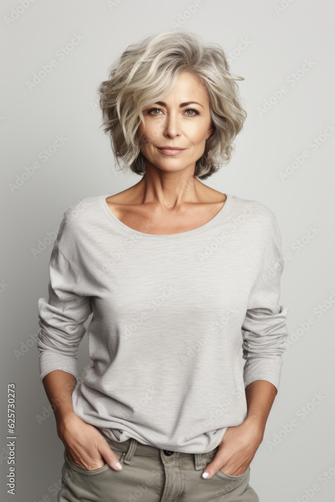A woman in a gray shirt posing for a picture. Generative AI. A woman in a gray shirt posing for a picture. Generative AI.