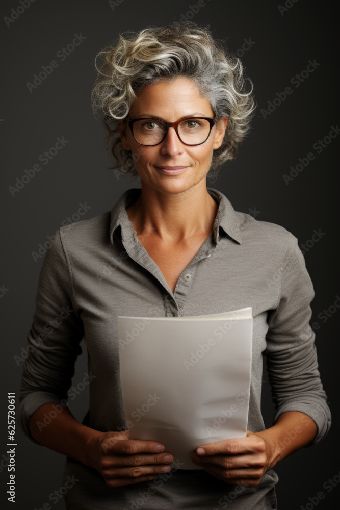 A woman with glasses holding a piece of paper. Generative AI. A woman with glasses holding a piece of paper. Generative AI.