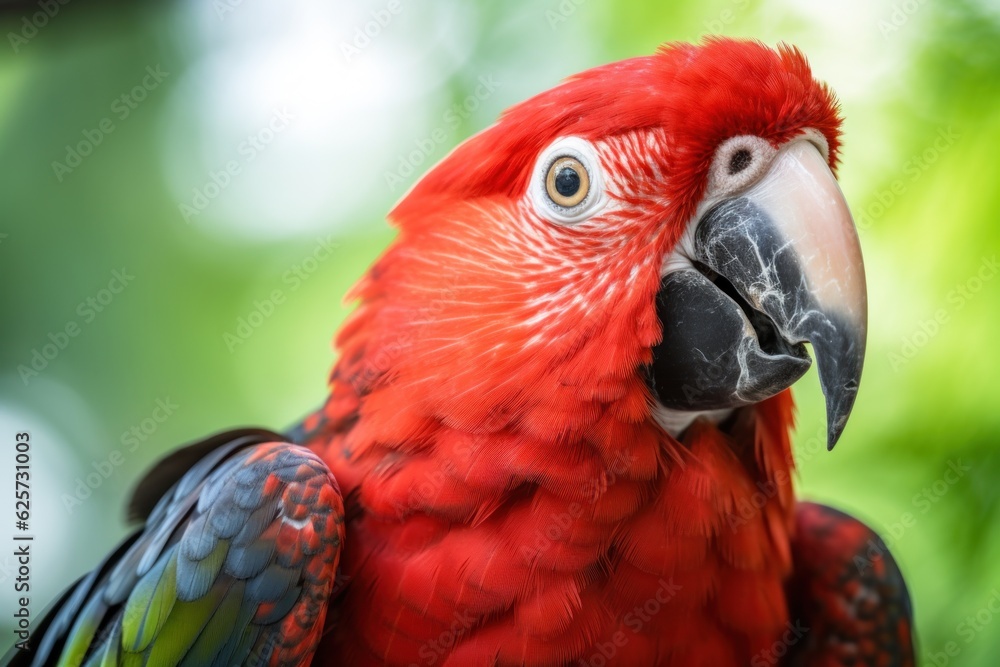 Red macaw parrot face portrait, blurred green forest background. Tropical colorful ara parrot head close up. Generative AI Brazil nature image