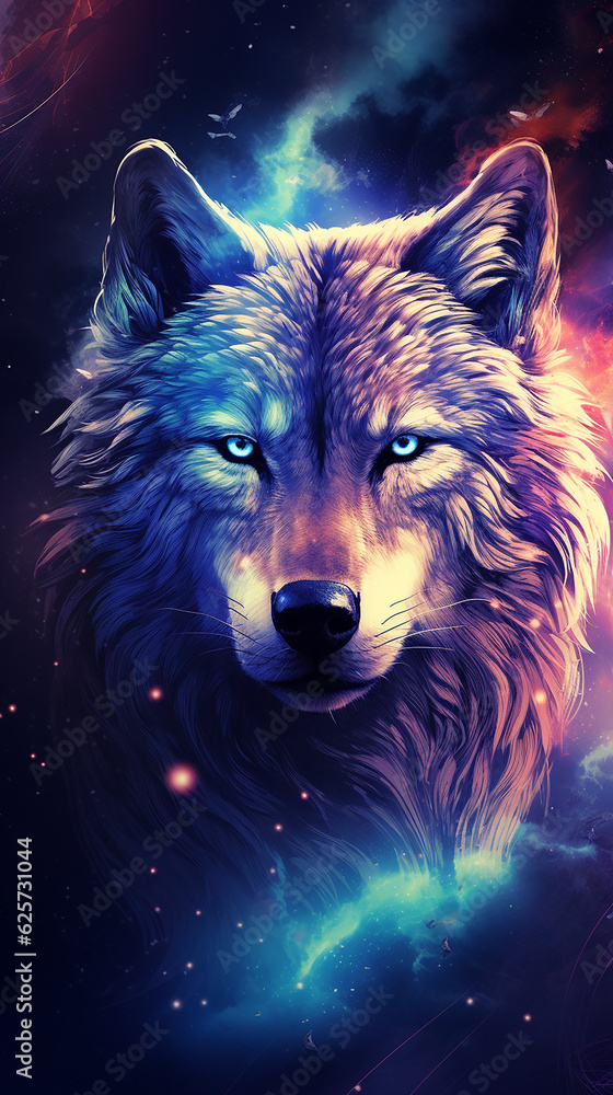 lobo a olhar fixamente, o seu rosto a confundir-se com a galáxia lobo a olhar fixamente, o seu rosto a confundir-se com a galáxia