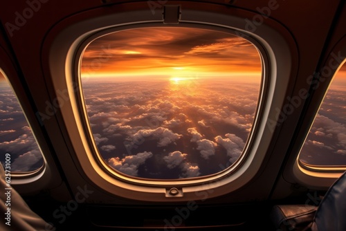 Beautiful porthole view. Sunset view from airplane window. Travel horizontal banner. Plane above clouds. Generative AI landscape