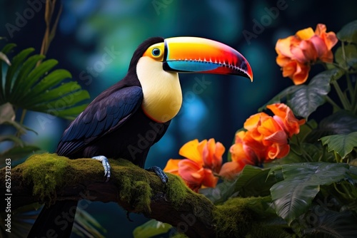 Toucan on a branch. Big hornbill toucan bird portrait. Generative AI wild wallpaper