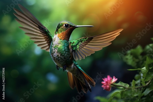 Hummingbird feeding on a flower. Colibri little bird in wildlife. Exotic tropical bird, blurred green rainforest. Generative AI nature © SD Danver