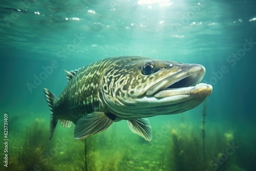 Fish under water portrait. Pike face closeup. Freshwater fishing. Underwater swimming fish. Generative AI nature