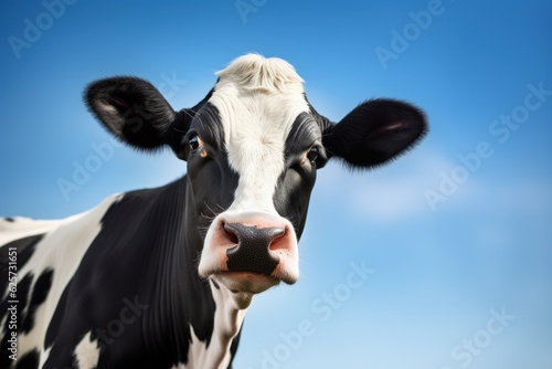 Holstein cow portrait, blurred blue sky background. Farm milk cow face close up. Generative AI mammal animal