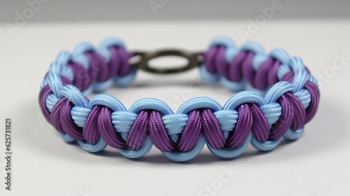 Bracelet made of dark purple tactical paracord. Stylish woven cord bracelet. Wrist accessory in purple and light blue. Realistic 3D illustration. Generative AI