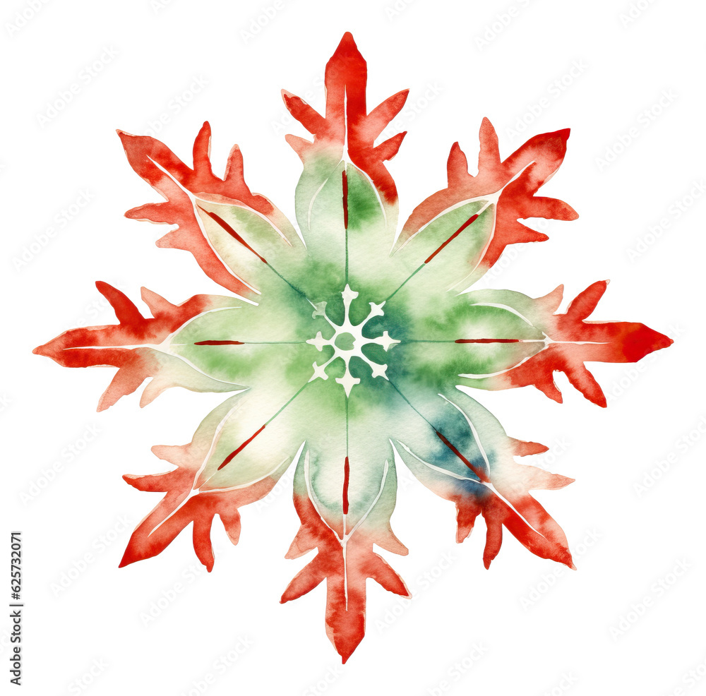 Obraz premium Watercolor red and green snowflake isolated.