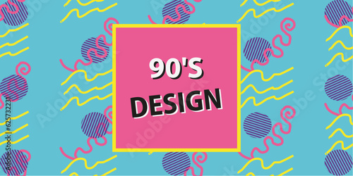 Abstract 90s styled background with copy space. Pattern on a blue background. Bright trendy colors. Vector flat illustration.