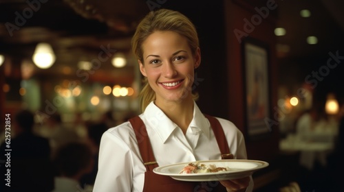 a beautiful young smiling server waitress in restaurant with plates with food on a tray in a expensive luxury restaurant bringing food to a table in her hands. Generative AI