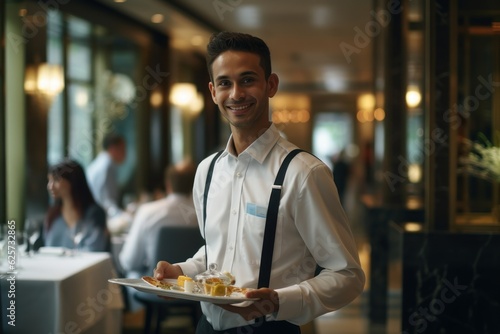 a handsome young smiling server waiter in restaurant with plates with food on a tray in a expensive luxury restaurant bringing food to a table in his hands. Generative AI