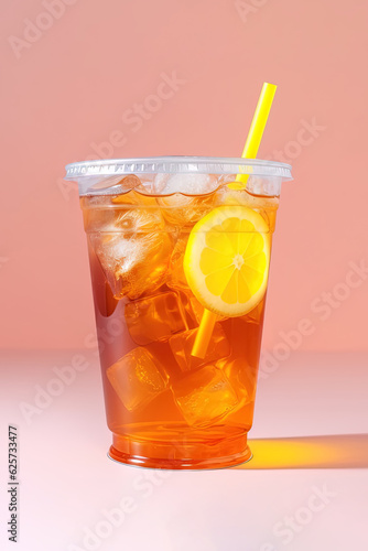 Iced lemon tea on plastic takeaway glass