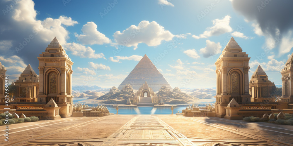 Ancient Egyptian City - Pyramide in the desert next to the Nile river ...