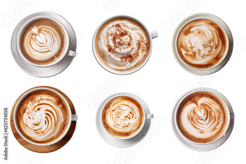 Top view of hot coffee cappuccino latte with foam collection isolated on transparent background