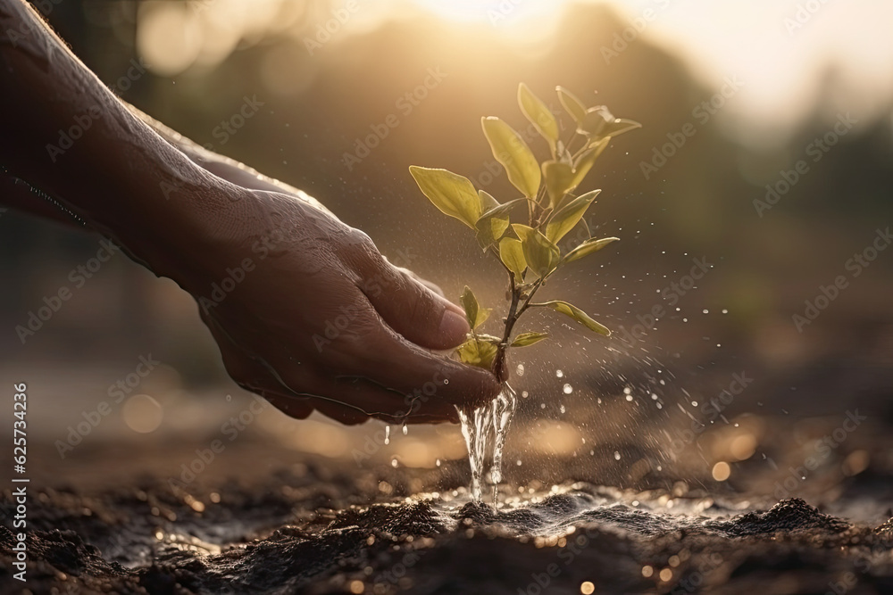 Fototapeta premium Hand watering a young tree to grow in the park at sunset. Environmental protection concept. Generative AI