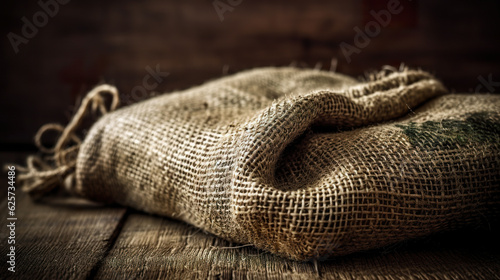 Empty burlap bag on the table on dark background. Close up of a piece of cloth on a table. Old sackcloth textured. Realistic 3D illustration. Generative AI
