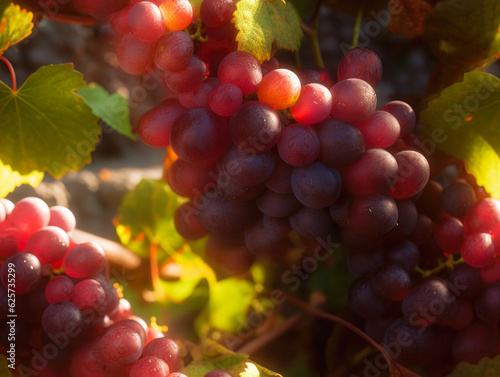 Red grapes on a vine and the sun is shining on it. Generative AI