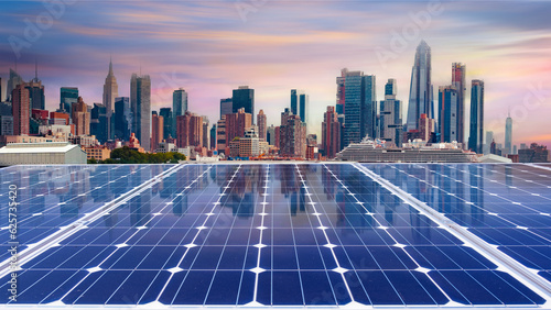  Solar panel over cityscapes, solar power green energy for life concept,