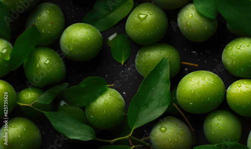 Fresh green plums with water drops on them. Generative AI