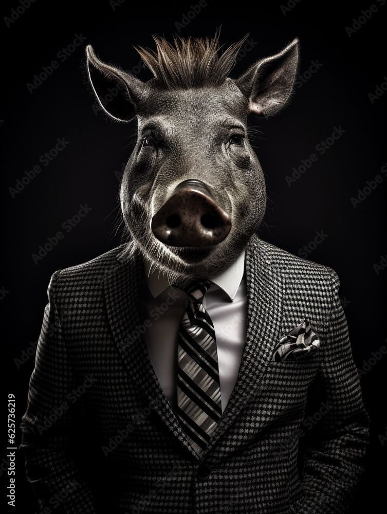 An Anthropomorphic Warthog Dressed up as a Cool Business Man in a Suit