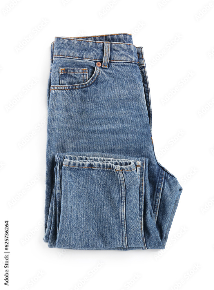 Blue jeans isolated on white, top view. Stylish clothes Blue jeans isolated on white, top view. Stylish clothes