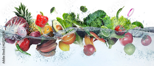 Many fruits and vegetables falling into water against white background
