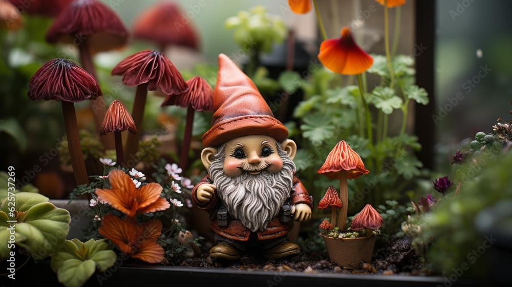 Naklejka premium A garden gnome in the garden. Generative AI.