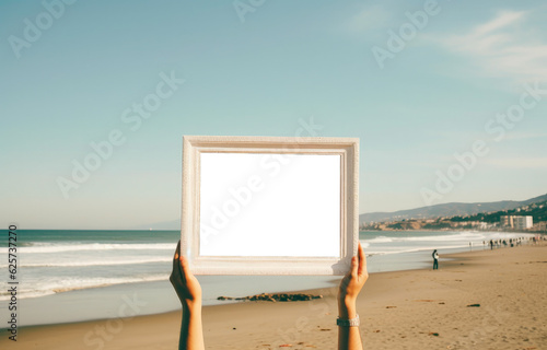 Person holding frame with PNG transparent background, landscape in background. Generative AI