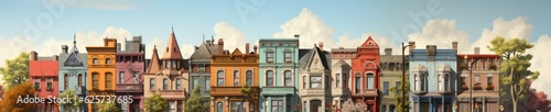 A row of old fashioned townhouses in the suburbs. Generative AI.  photo