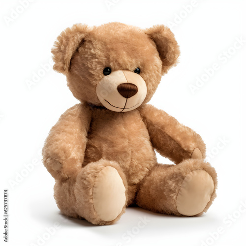 teddy bear isolated on a white background, fluffy and well loved, bead eyes, modern style, made using AI generative technologies
