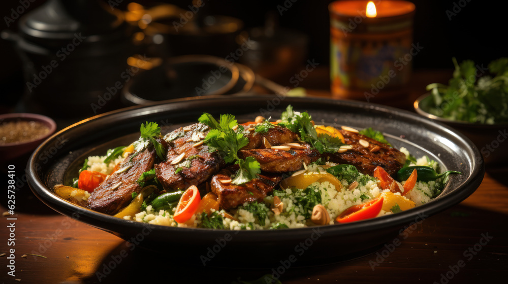 couscous plate with lamb and vegetables garnished
