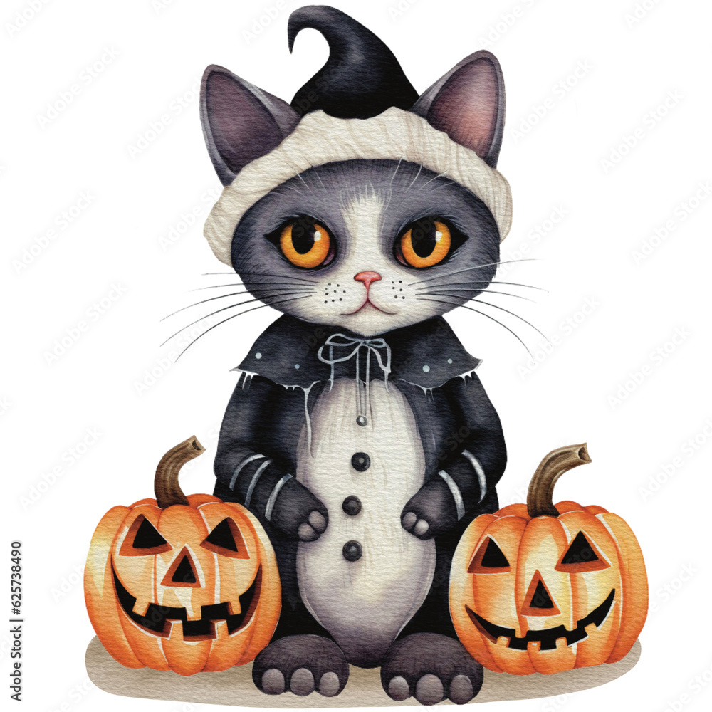 Watercolor halloween cat in witch costume with pumpkin png, AI generative