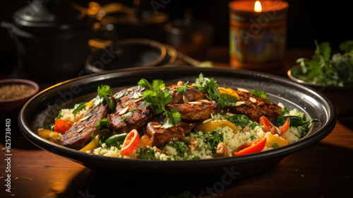 couscous plate with lamb and vegetables garnished 