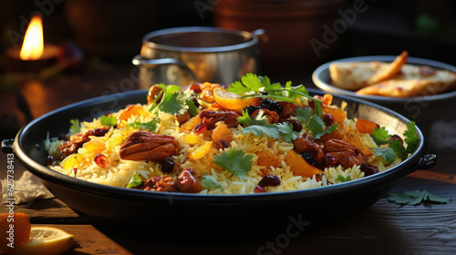 biryani bowl. with chicken and raisins. garnished 