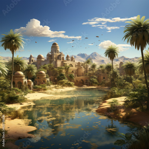 Desert Oasis surrounded by Sand Dunes Fantasy War 