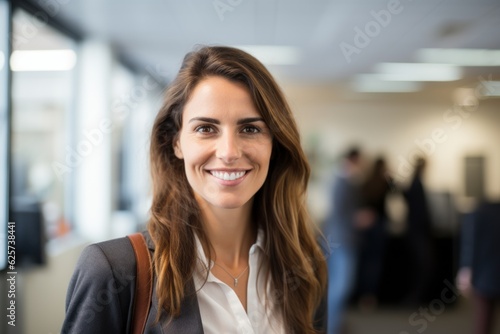 portrait of a beautiful adult smiling latina american businesswoman boss in a suit standing in her modern business company office. her workers standing in the blurry background. Generative AI