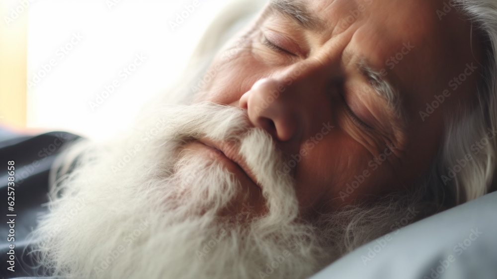 old man, elderly man sleeping, in sleep, at home on bed on pillow, gray beard, wrinkles, wrinkled face, fictional place, caucasian, pensioner or 60s 70s 80s