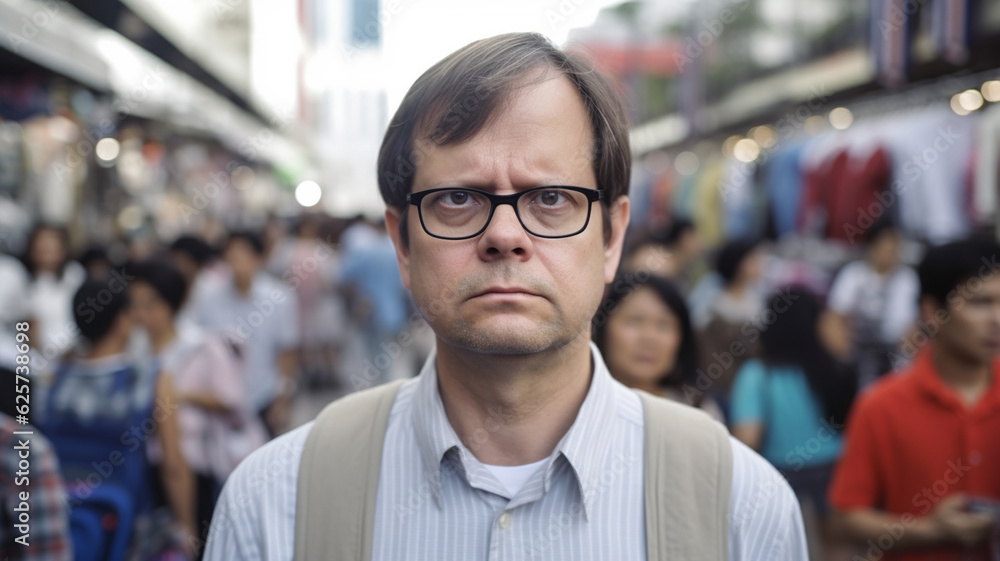 stands as pedestrian in the middle of a street abroad with native asian people, neutral facial expression to almost serious or angry, mature man glasses shirt small backpack tourist backpacker stands as pedestrian in the middle of a street abroad with native asian people, neutral facial expression to almost serious or angry, mature man glasses shirt small backpack tourist backpacker
