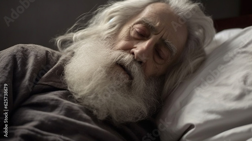 old man  elderly man sleeping  in sleep  at home on bed on pillow  gray beard  wrinkles  wrinkled face  fictional place  caucasian  pensioner or 60s 70s 80s