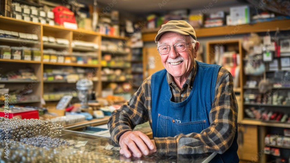 elderly man is shopkeeper of a local small business selling goods or services, fictional location